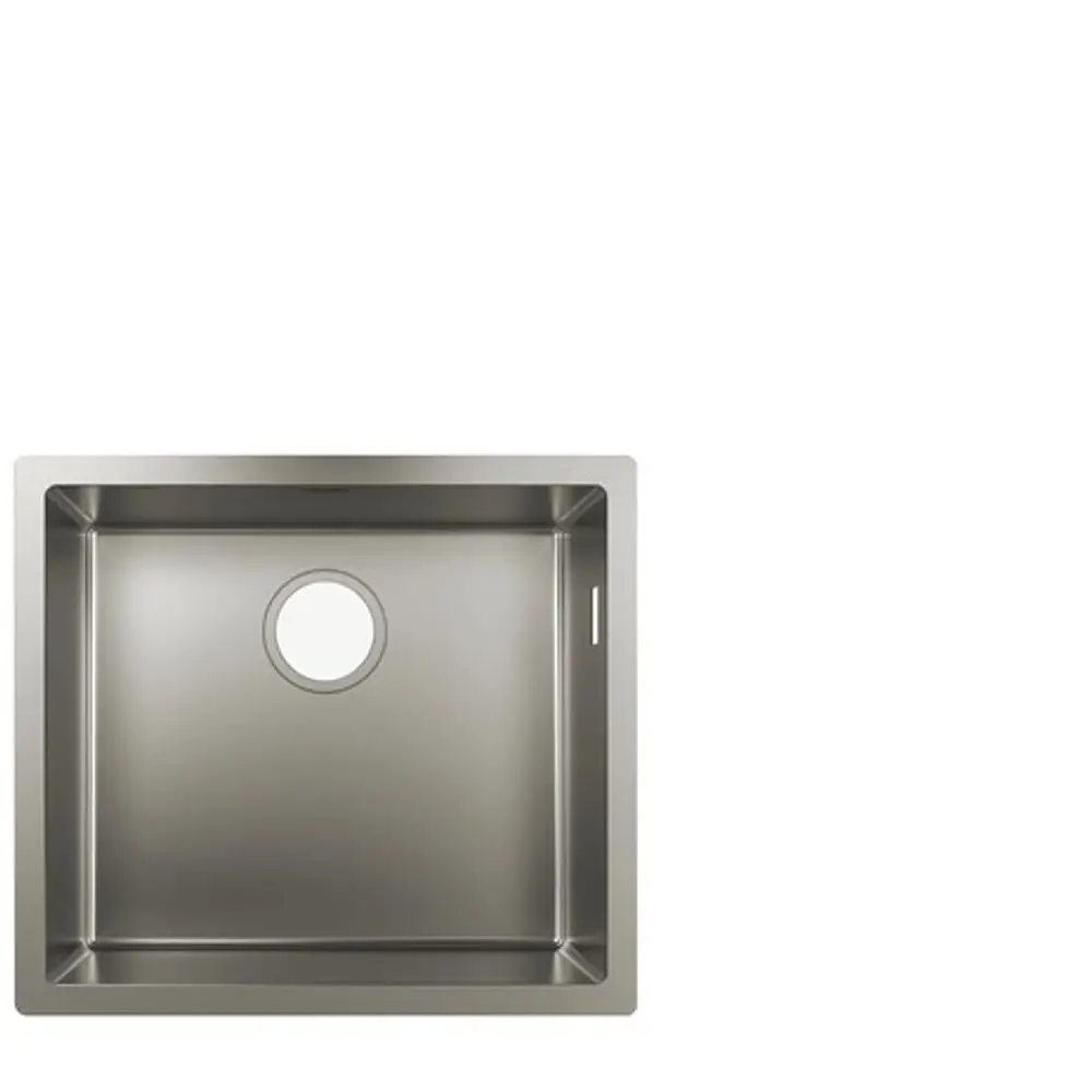 Unterbauspüle aus Edelstahl von Hansgrohe mit quadratischer Form und rundem Abflussloch. Schlichte, funktionale Gestaltung für moderne Küchen.